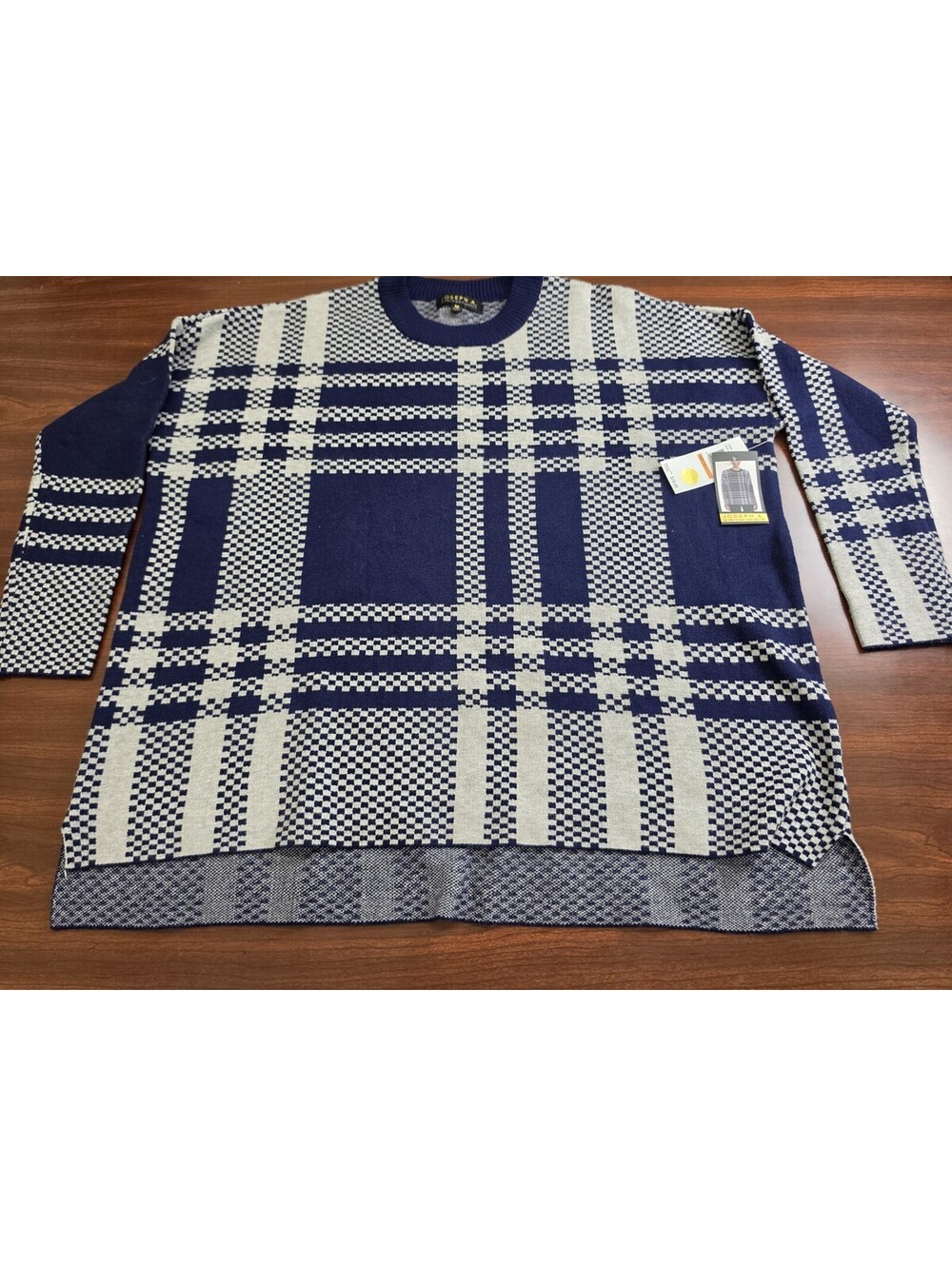 Joseph A Plaid Knit Sweater Womens M Blue Gray Checkered Oversized Prep School